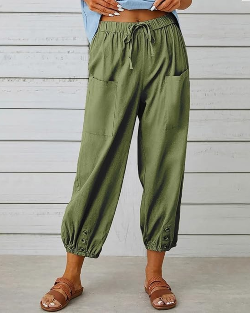 Abigail Women's Cotton Capri Pants – High Waist Drawstring Wide Leg Trousers with Pockets
