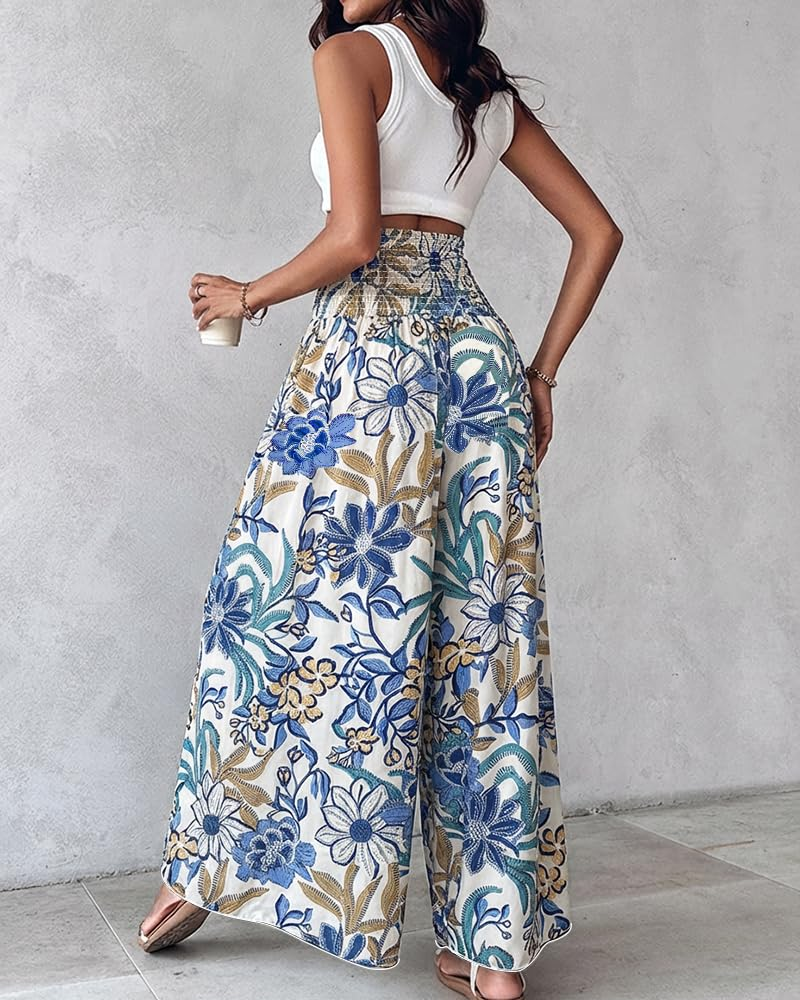 Bernadette Women's Boho Floral Pants – High Waist Wide Leg Vintage Trousers Loose Fit