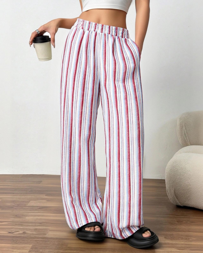 Beverly Women's Linen Wide Leg Pants – Striped Elastic Waist Trousers with Pockets
