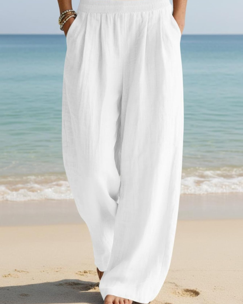 Audrey Women's Palazzo Pants – High Waist Cotton Linen Wide Leg Trousers with Pockets