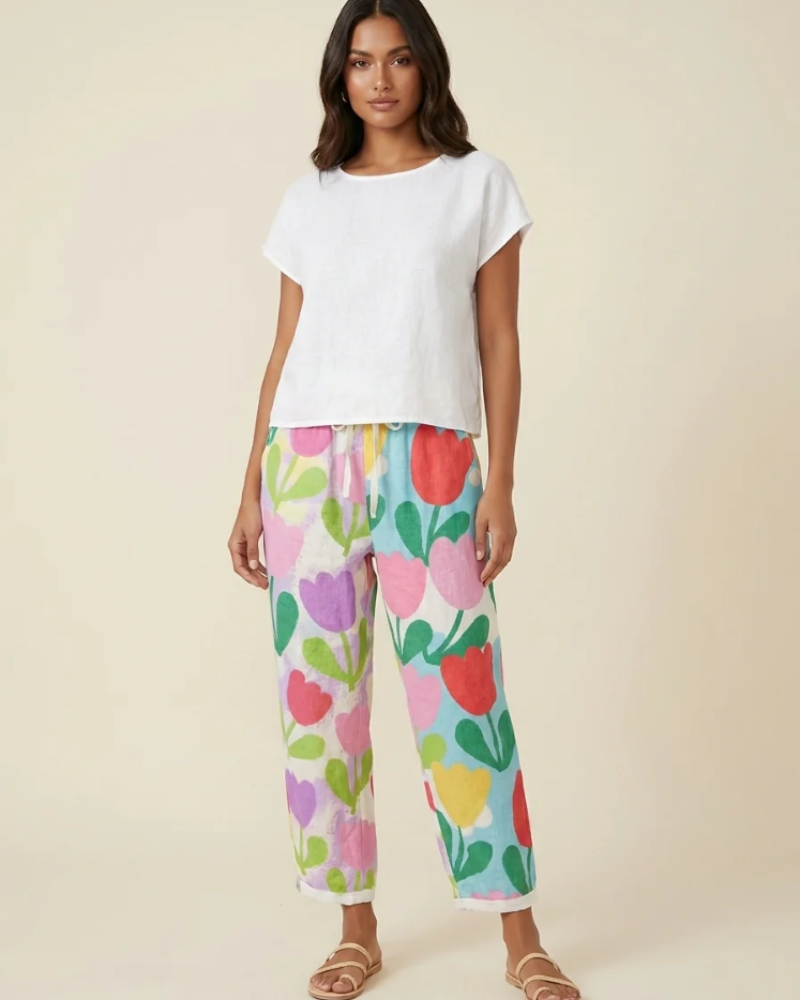 Briony Women's Wide Leg Trousers – Colourful Print Elastic Waist Casual Summer Trousers