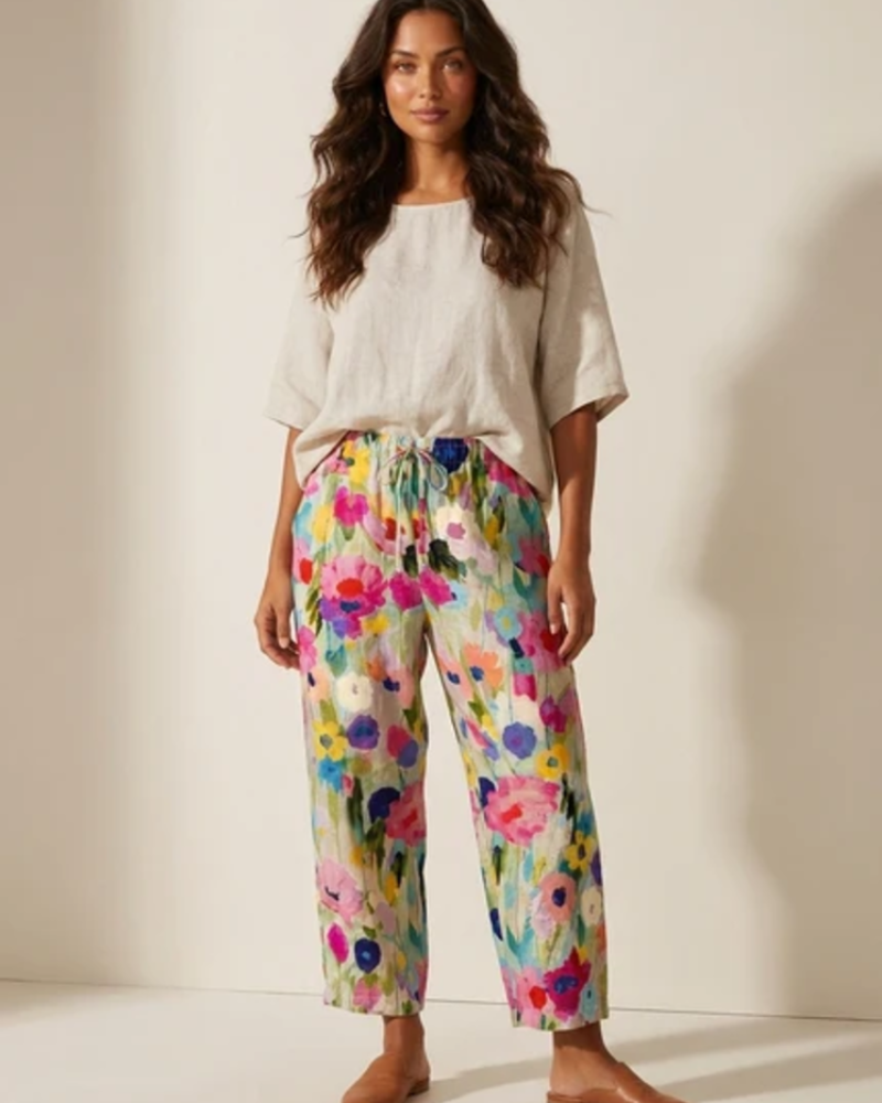 Isolde Women's Floral Trousers – Boho Wide Leg Elastic Waist Casual Trousers