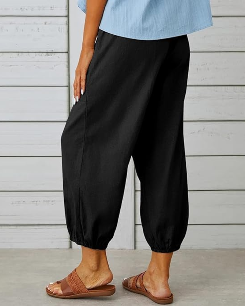 Abigail Women's Cotton Capri Pants – High Waist Drawstring Wide Leg Trousers with Pockets