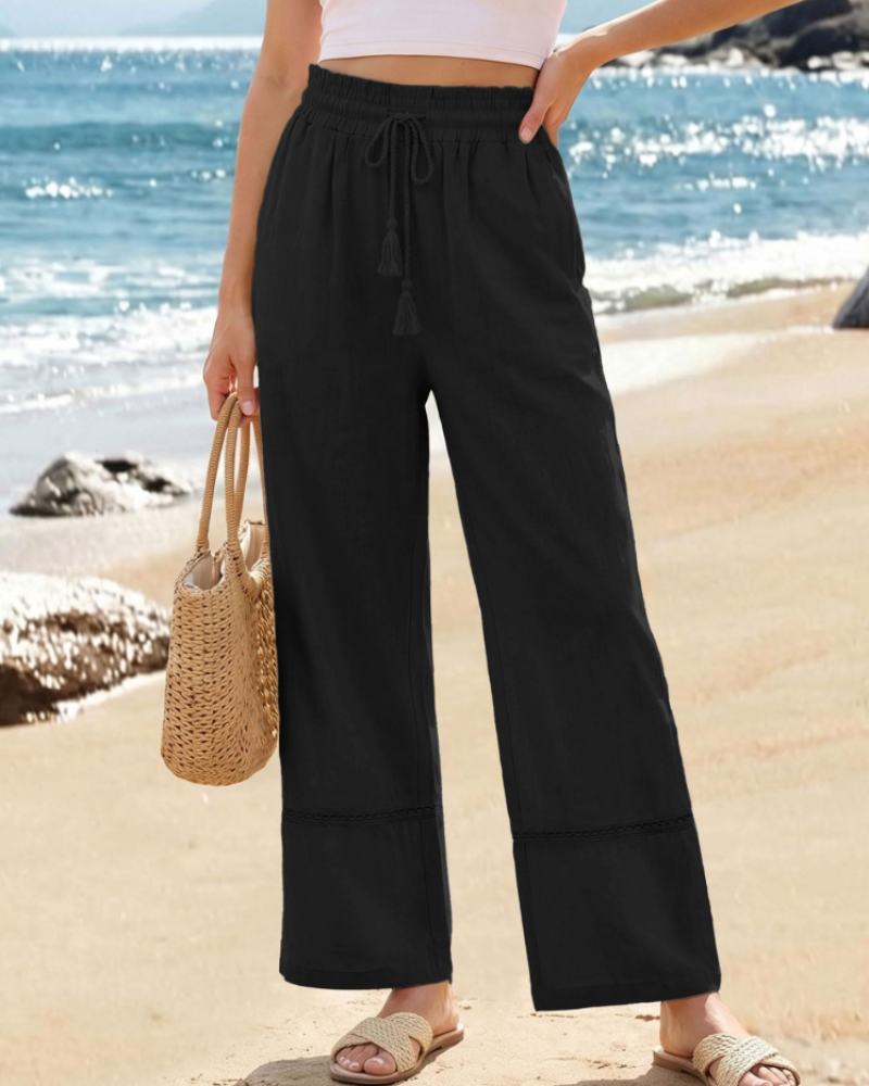 Beryl Women's Palazzo Pants – High Waist Drawstring Wide Leg Beach Trousers with Pockets