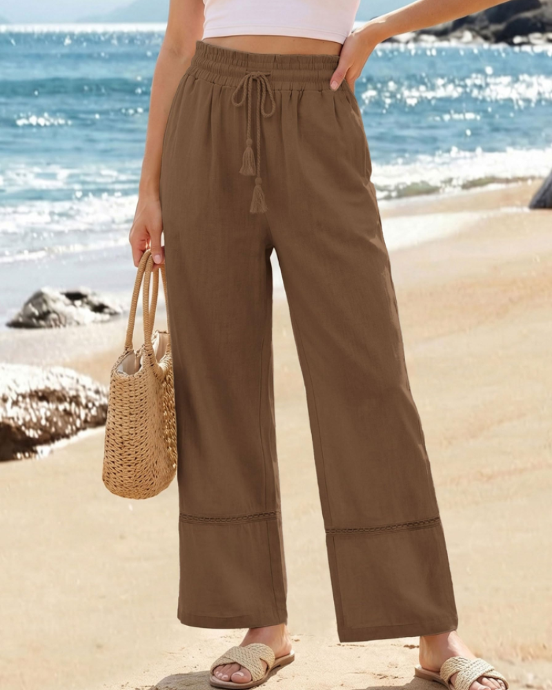Beryl Women's Palazzo Pants – High Waist Drawstring Wide Leg Beach Trousers with Pockets