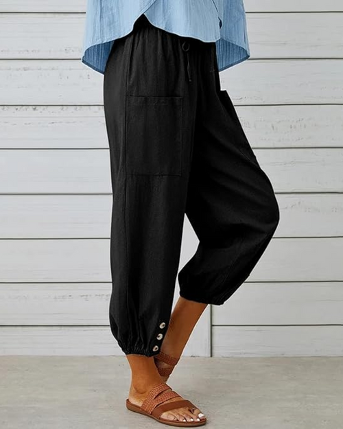 Abigail Women's Cotton Capri Pants – High Waist Drawstring Wide Leg Trousers with Pockets