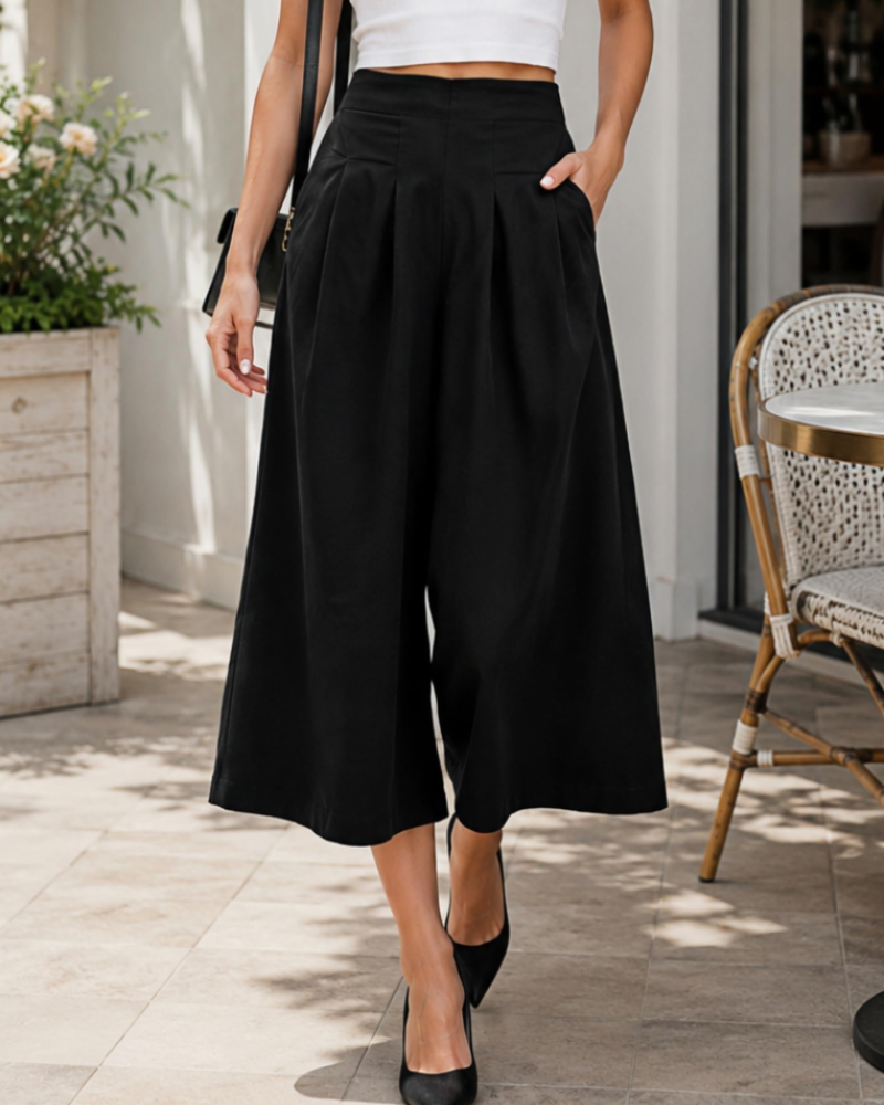 Caroline Women's Wide Leg Capri Pants – High Waist Linen Blend Trousers with Pockets
