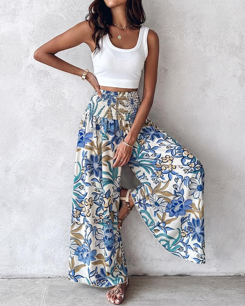 Bernadette Women's Boho Floral Pants – High Waist Wide Leg Vintage Trousers Loose Fit