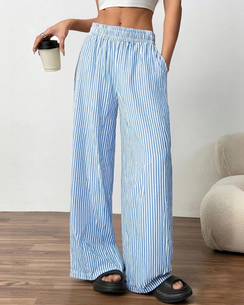 Beverly Women's Linen Wide Leg Pants – Striped Elastic Waist Trousers with Pockets