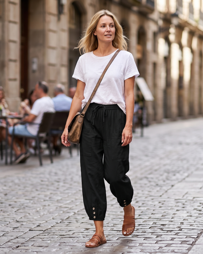 Abigail Women's Cotton Capri Pants – High Waist Drawstring Wide Leg Trousers with Pockets