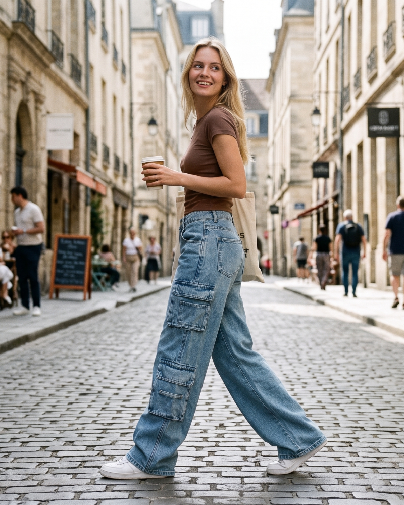 Lena Women’s Cargo Jeans – Retro Baggy Wide Leg Jeans with Utility Pockets