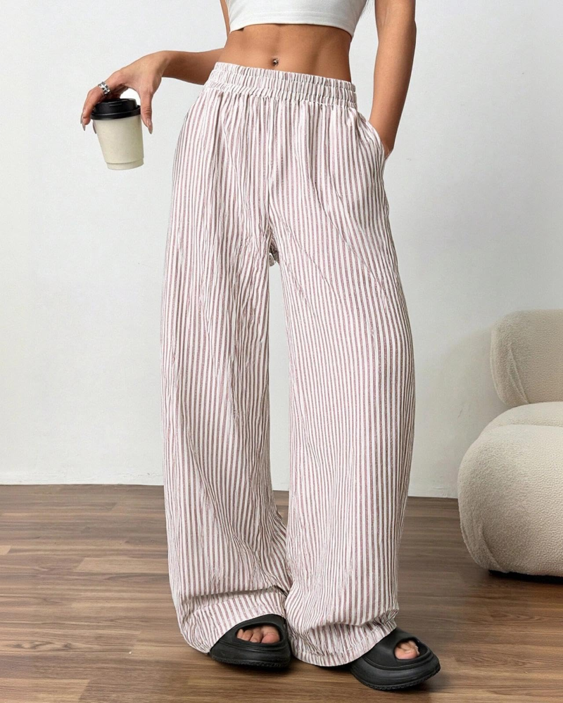 Beverly Women's Linen Wide Leg Pants – Striped Elastic Waist Trousers with Pockets