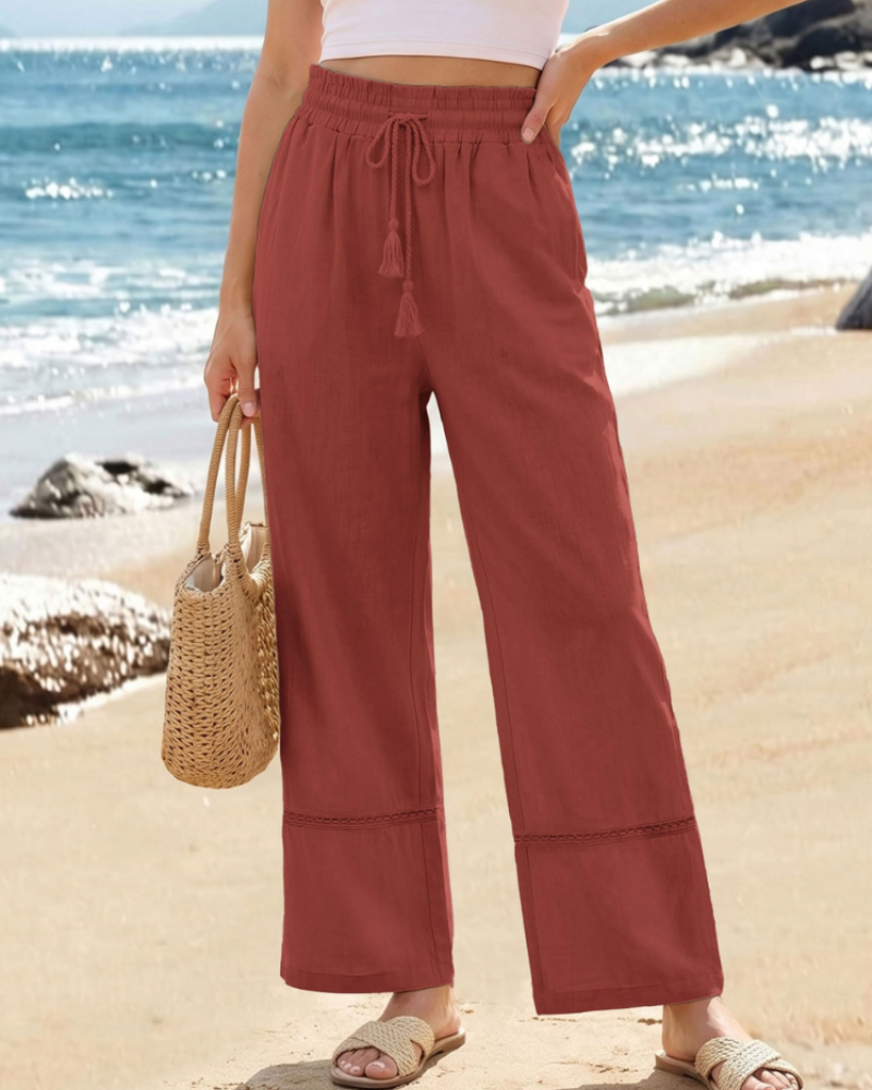 Beryl Women's Palazzo Pants – High Waist Drawstring Wide Leg Beach Trousers with Pockets
