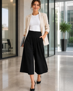 Caroline Women's Wide Leg Capri Pants – High Waist Linen Blend Trousers with Pockets