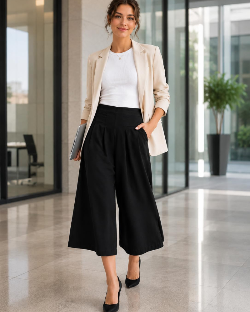 Caroline Women's Wide Leg Capri Pants – High Waist Linen Blend Trousers with Pockets
