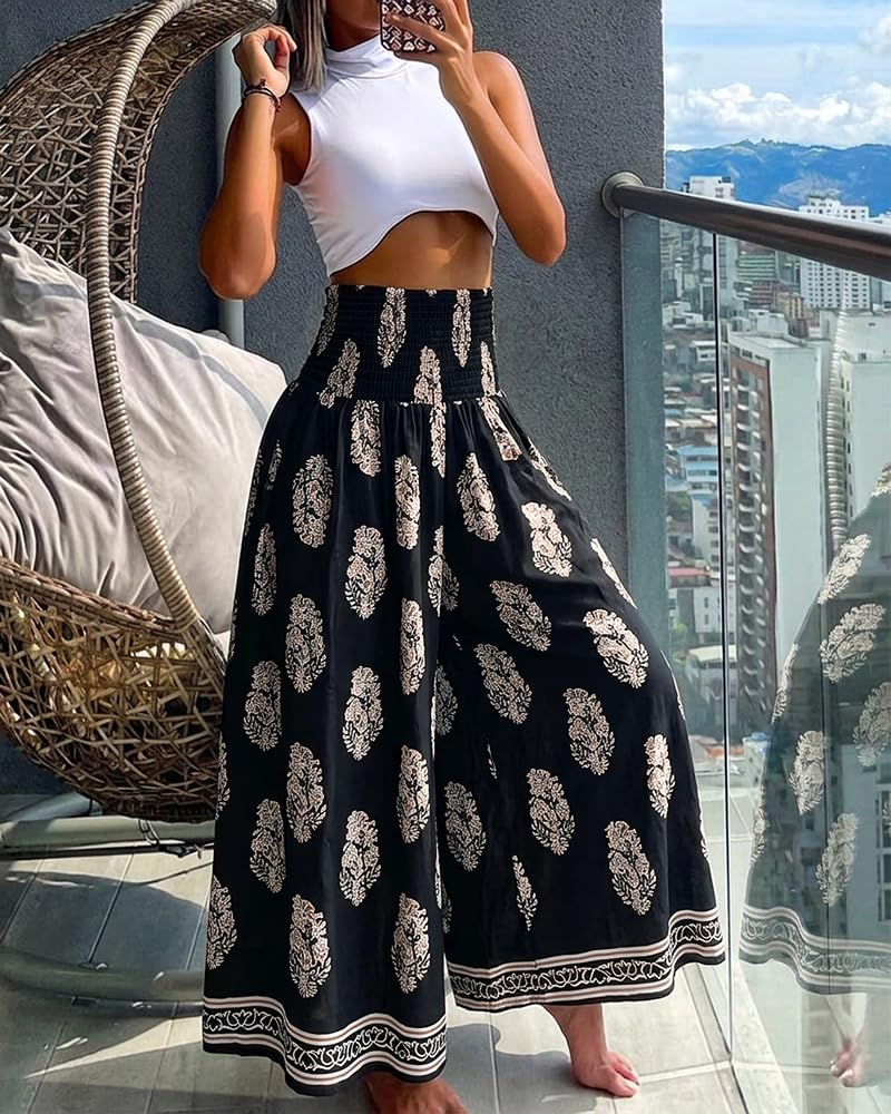 Bernadette Women's Boho Floral Pants – High Waist Wide Leg Vintage Trousers Loose Fit