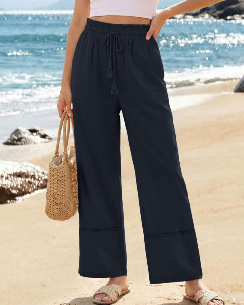 Beryl Women's Palazzo Pants – High Waist Drawstring Wide Leg Beach Trousers with Pockets