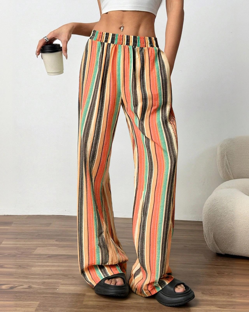 Beverly Women's Linen Wide Leg Pants – Striped Elastic Waist Trousers with Pockets