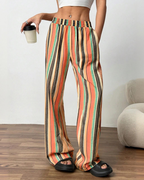 Beverly Women's Linen Wide Leg Pants – Striped Elastic Waist Trousers with Pockets