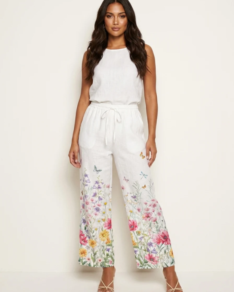 Briony Women's Wide Leg Trousers – Colourful Print Elastic Waist Casual Summer Trousers