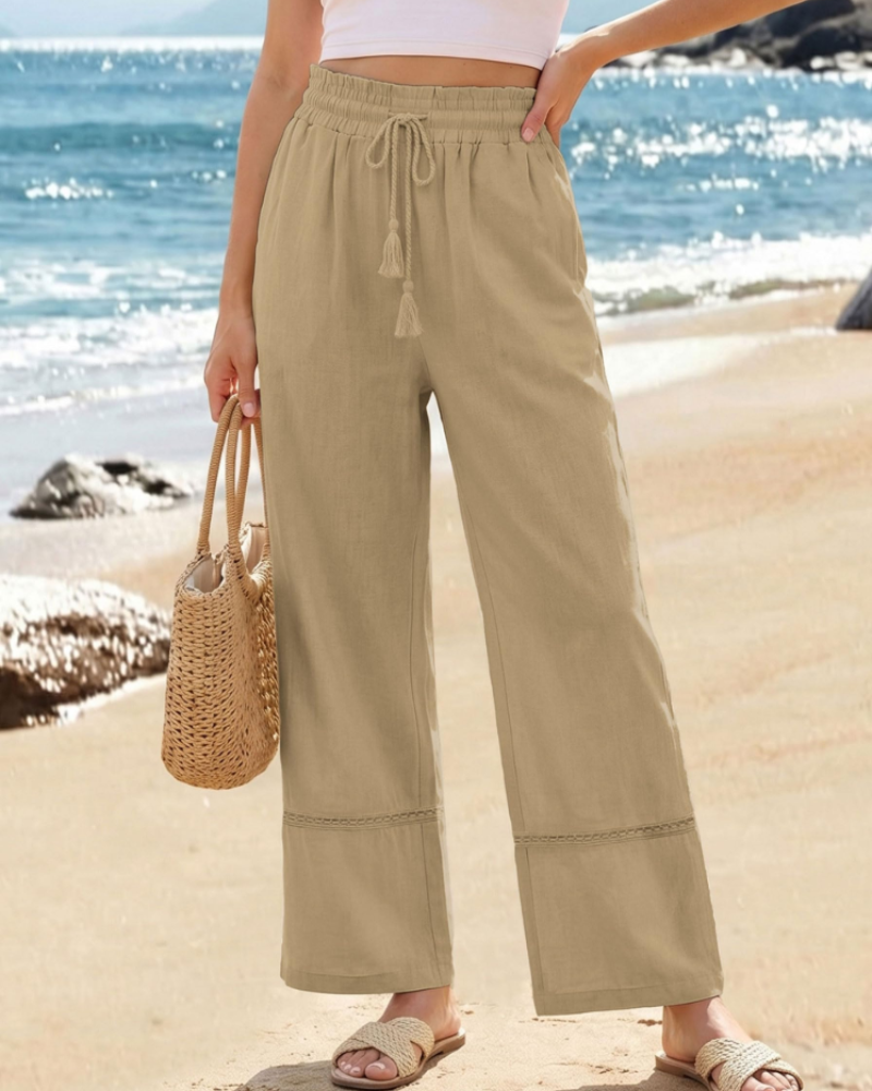 Beryl Women's Palazzo Pants – High Waist Drawstring Wide Leg Beach Trousers with Pockets