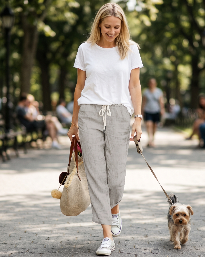 Mia Women’s Linen Pants – Elastic Waist Drawstring 7/8 Trousers with Pockets