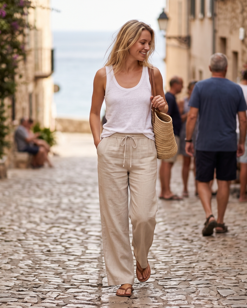 Hazel Women’s Linen Pants – Wide Leg Drawstring Trousers with Side Pockets