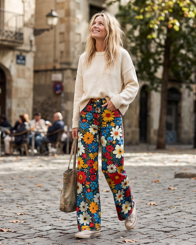 Theodosia Women's Wide Leg Jeans – Artistic Print High Rise Denim Trousers
