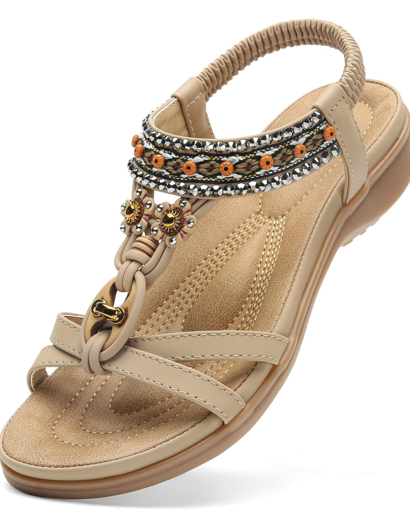 Chloe Women's Bohemian Sandals – Rhinestone T-Strap Beach Sandals with Arch Support