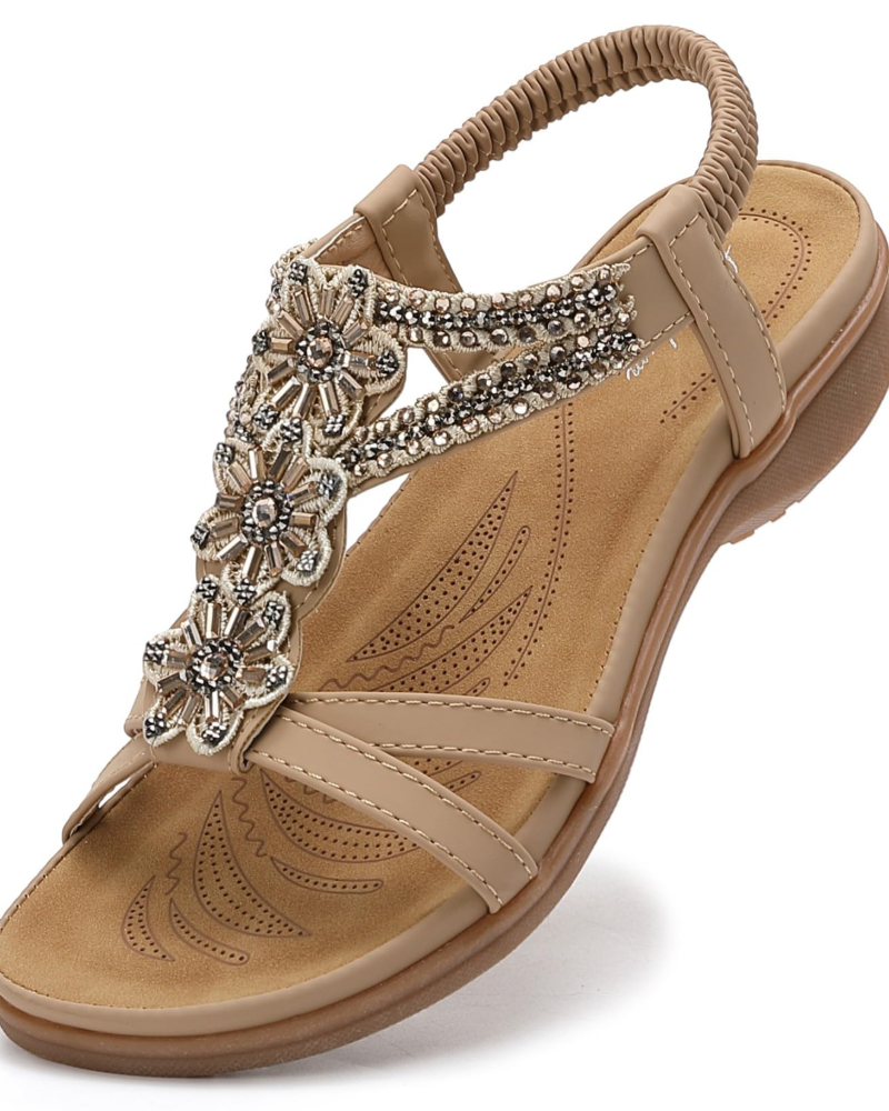 Lily Women's Bohemian Sandals – Flat T-Strap Beach Sandals with Arch Support
