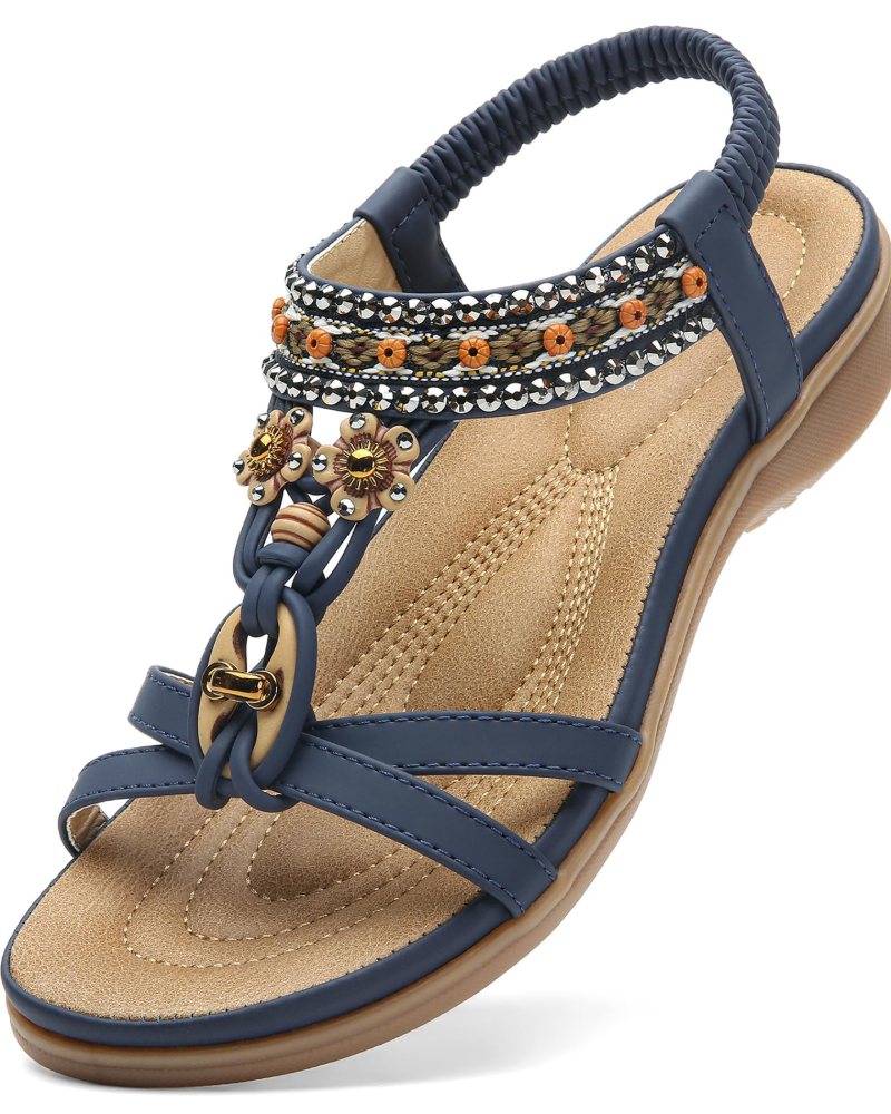 Chloe Women's Bohemian Sandals – Rhinestone T-Strap Beach Sandals with Arch Support