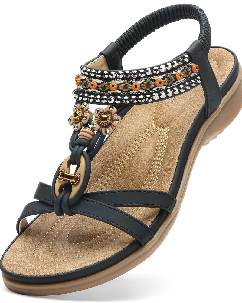 Chloe Women's Bohemian Sandals – Rhinestone T-Strap Beach Sandals with Arch Support