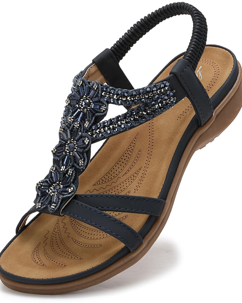 Lily Women's Bohemian Sandals – Flat T-Strap Beach Sandals with Arch Support