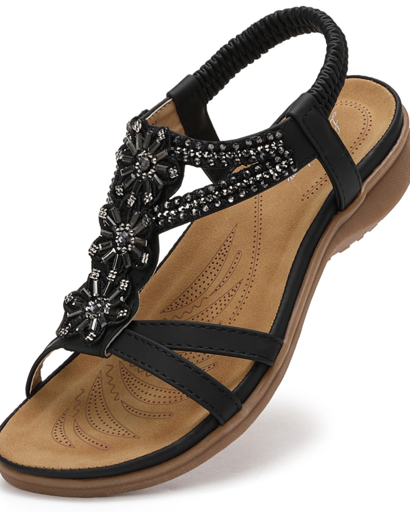 Lily Women's Bohemian Sandals – Flat T-Strap Beach Sandals with Arch Support