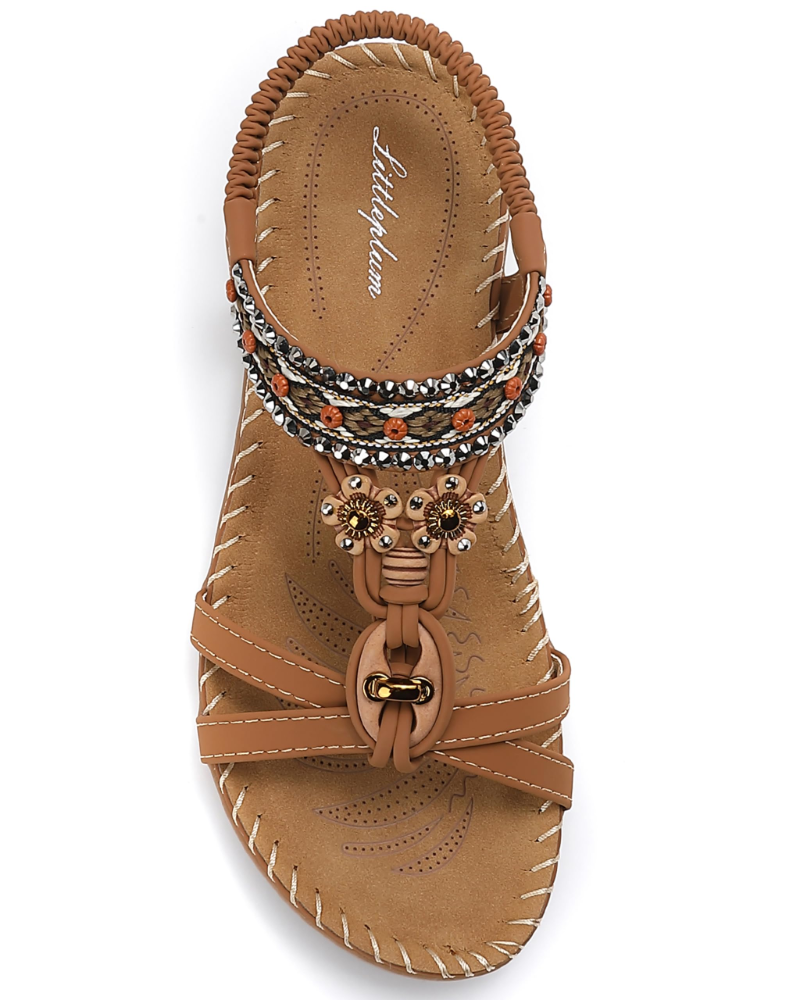 Chloe Women's Bohemian Sandals – Rhinestone T-Strap Beach Sandals with Arch Support