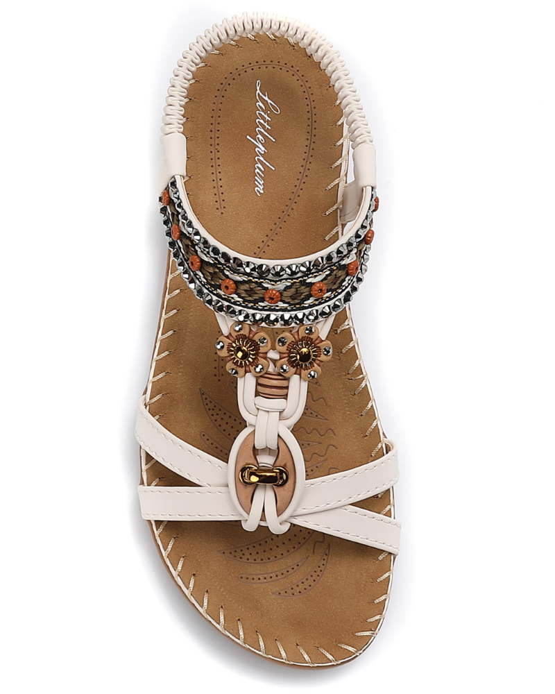 Chloe Women's Bohemian Sandals – Rhinestone T-Strap Beach Sandals with Arch Support