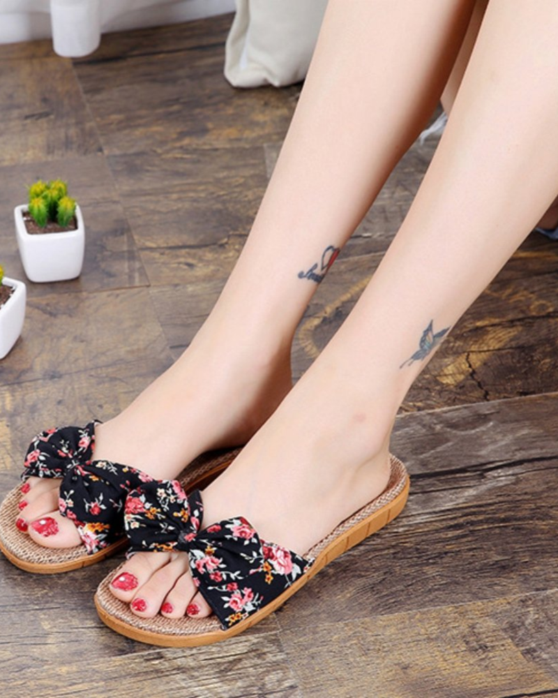 Bella Women's Linen Flat Sandals – Breathable Open Toe Bow Summer Slippers