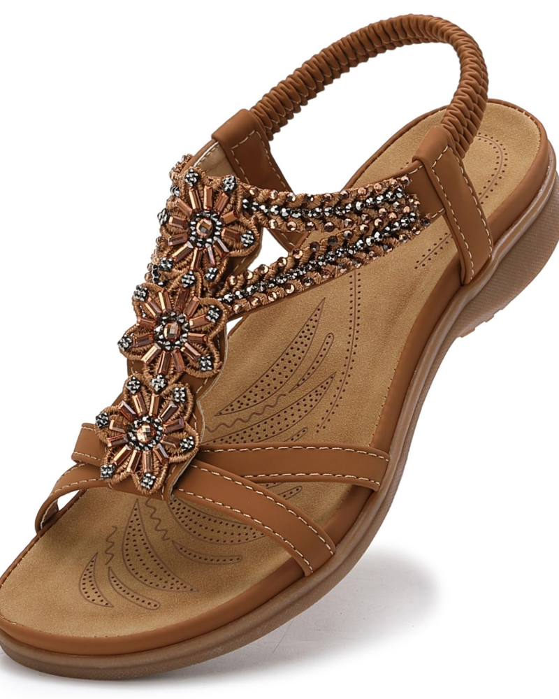 Lily Women's Bohemian Sandals – Flat T-Strap Beach Sandals with Arch Support