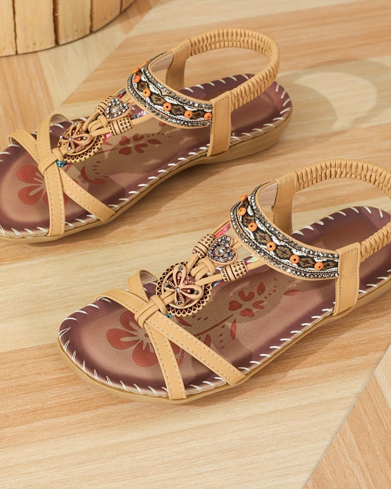Akie Women's Bohemian Sandals – Rhinestone Open Toe Summer Comfort Sandals