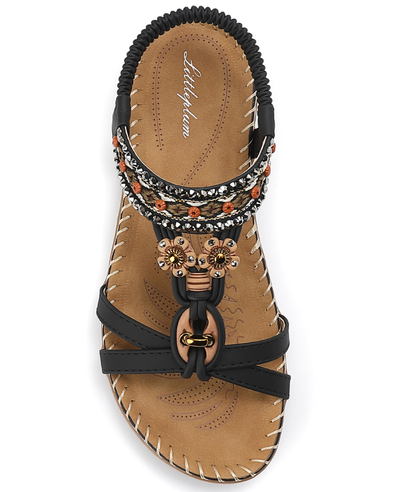 Chloe Women's Bohemian Sandals – Rhinestone T-Strap Beach Sandals with Arch Support