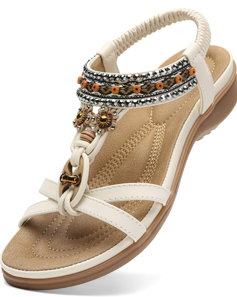 Chloe Women's Bohemian Sandals – Rhinestone T-Strap Beach Sandals with Arch Support