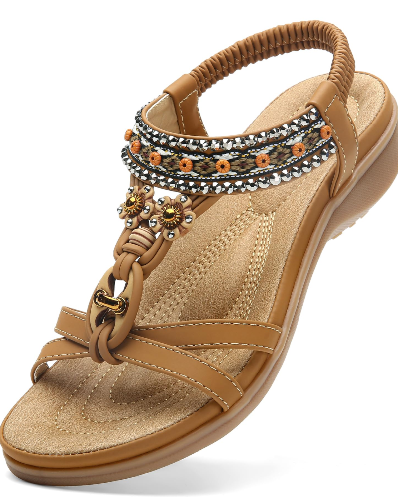Chloe Women's Bohemian Sandals – Rhinestone T-Strap Beach Sandals with Arch Support