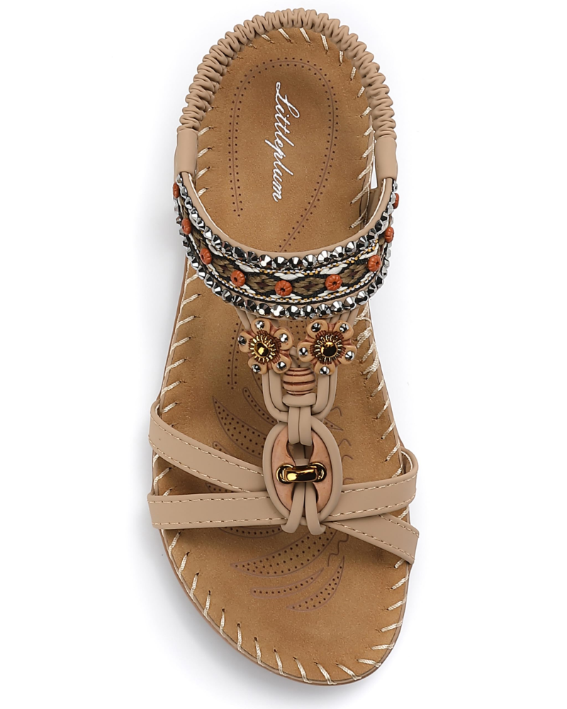 Chloe Women's Bohemian Sandals – Rhinestone T-Strap Beach Sandals with Arch Support