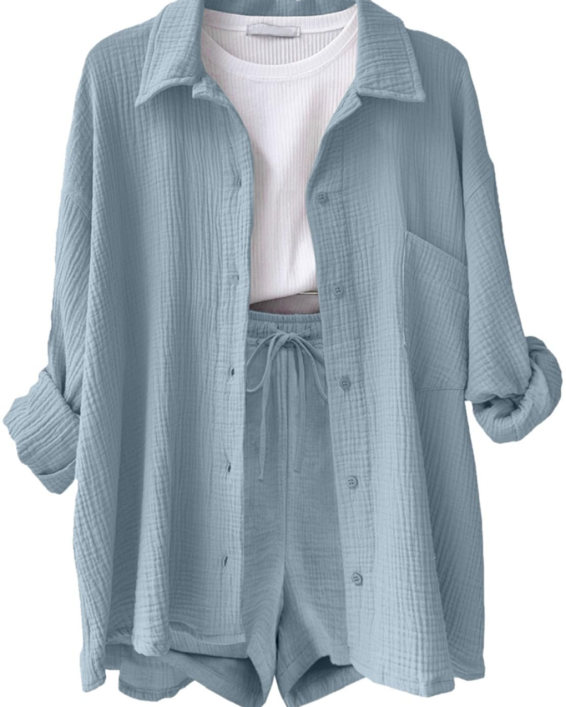 Sophia Women's Cotton Linen Co-Ord Set – Long Sleeve Shirt & Drawstring Shorts