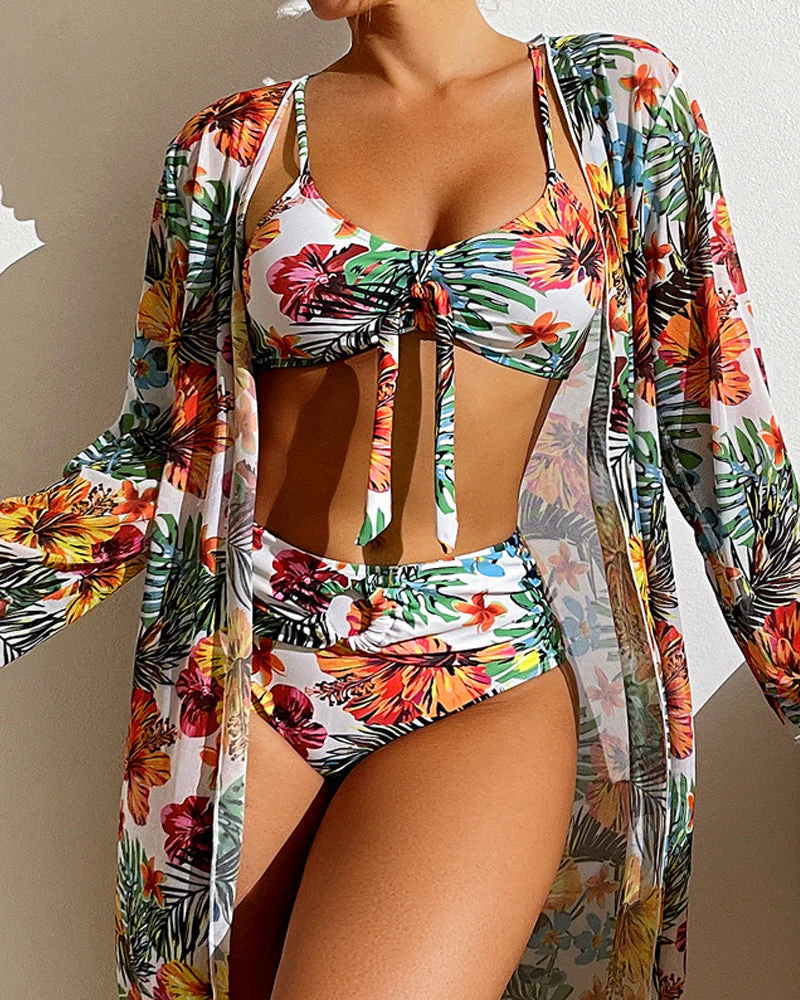 Imogen Women's 3-Piece Bikini Set – High Waisted Floral Swimwear with Cover-Up