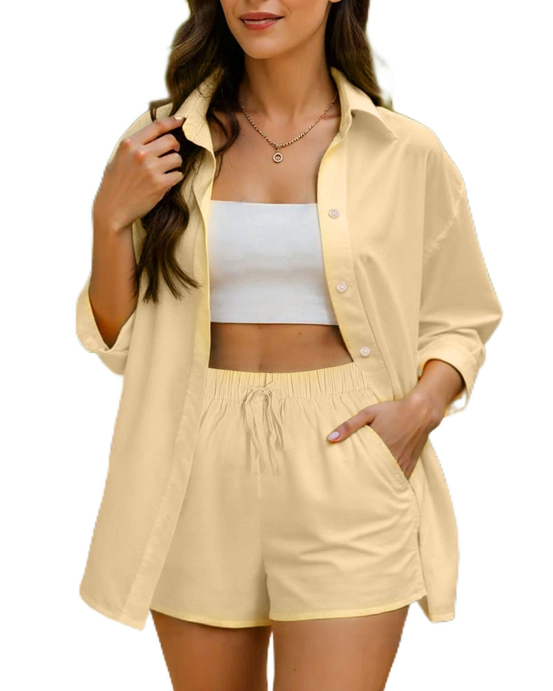 Geraldine Women's Two-Piece Set – Cotton Summer Top & Shorts Beach Outfit