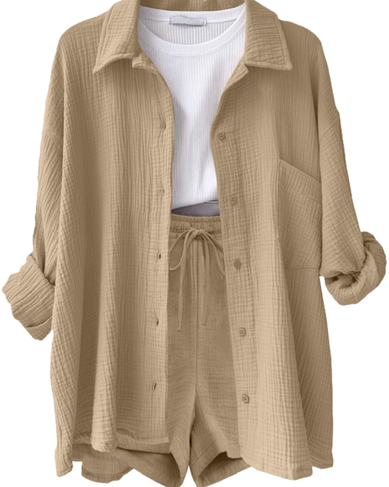 Sophia Women's Cotton Linen Co-Ord Set – Long Sleeve Shirt & Drawstring Shorts