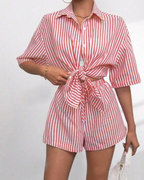 Goldie Women's Two-Piece Set – Striped Lapel Collar Top & Shorts Summer Outfit