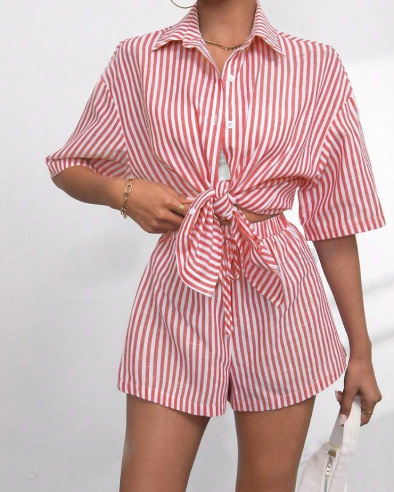 Goldie Women's Two-Piece Set – Striped Lapel Collar Top & Shorts Summer Outfit