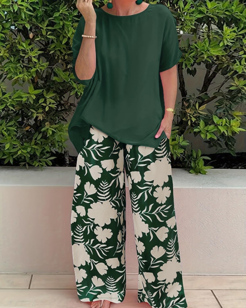 Madison Women's Floral Two-Piece Set – Short Sleeve Top & Loose Fit Pants Outfit